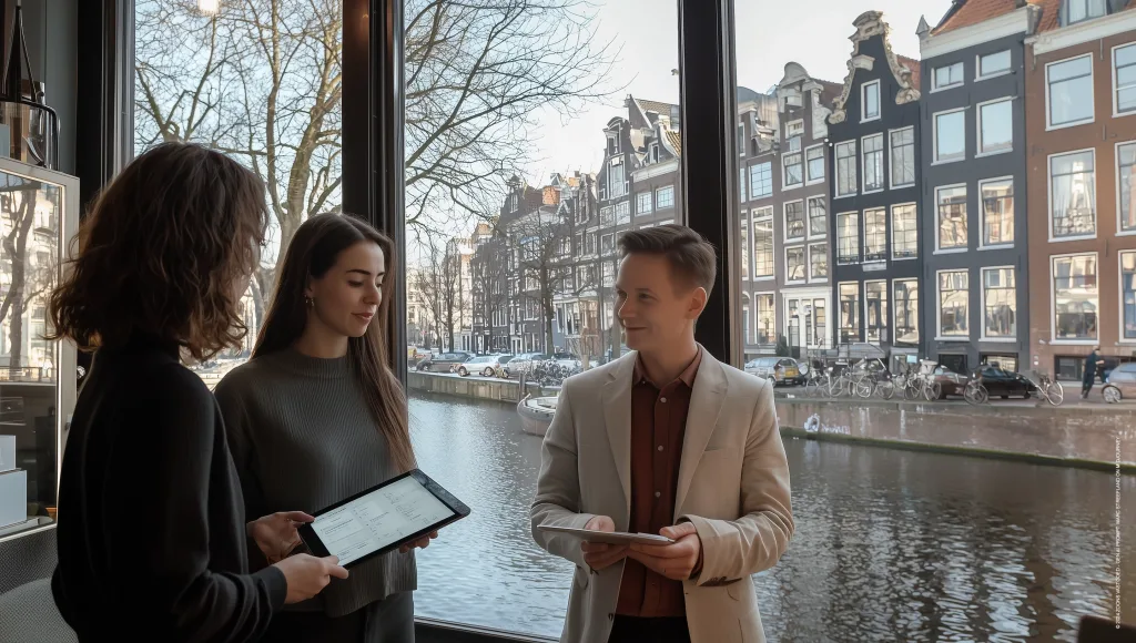 Een Nederlandse makelaar en twee potentiële kopers bespreken vastgoedopties in een kantoor met uitzicht op een Amsterdamse gracht.