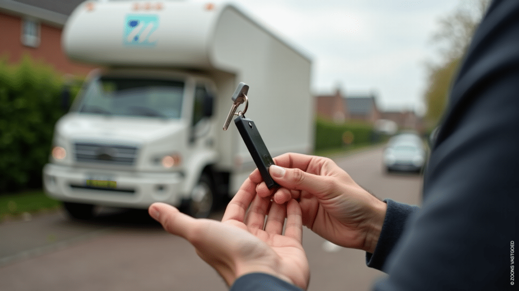 Handen houden sleutels vast met een verhuiswagen op de achtergrond in een Nederlandse woonstraat.