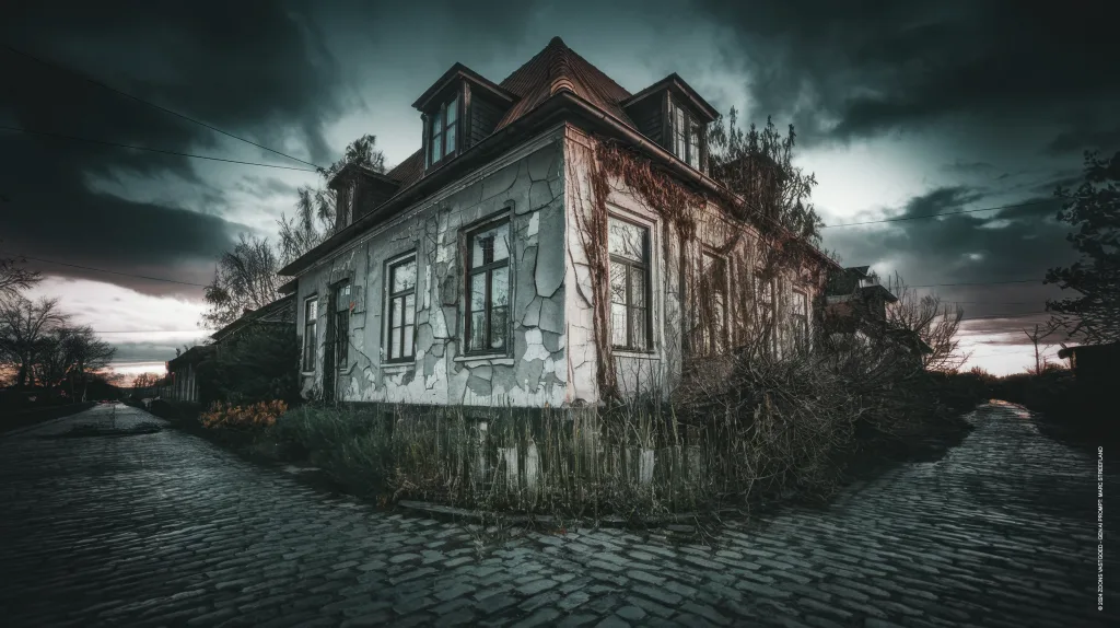 Een vervallen Nederlands huis met gebarsten muren en overwoekerde klimop op een verlaten kasseienstraat onder een bewolkte hemel.