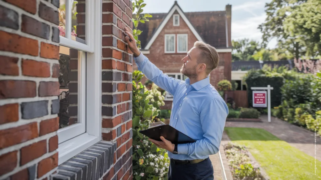Een huisinspecteur controleert de bakstenen en kozijnen van een Nederlandse woning te koop, met een goed onderhouden tuin en een "Te Koop"-bord op de achtergrond.