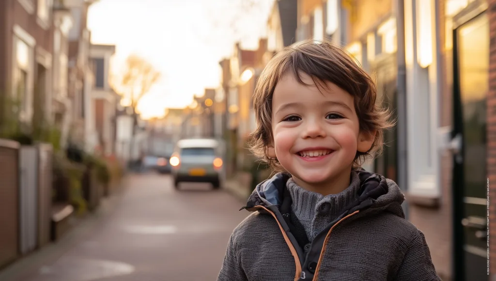 Een jong Nederlands kind met een grote glimlach op zijn gezicht staat op een straat in Nederland tijdens het gouden uur. Kindsdeel