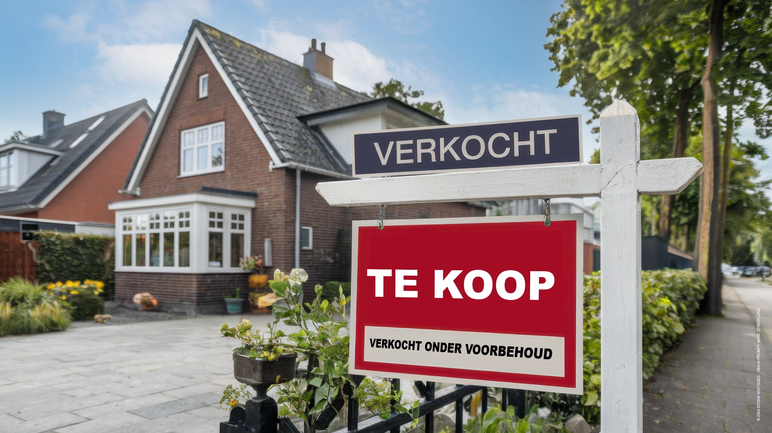 Een "Te Koop"-bord met "Verkocht onder voorbehoud" voor een Nederlandse woning met een goed onderhouden tuin.