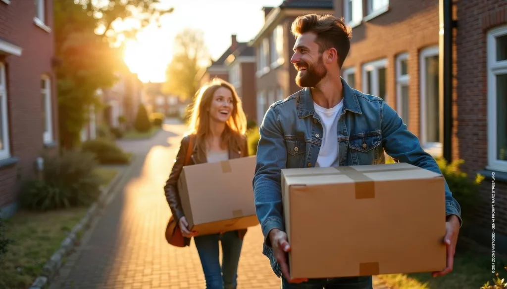 Een lachend stel draagt verhuisdozen tijdens golden hour in een rustige Nederlandse straat.